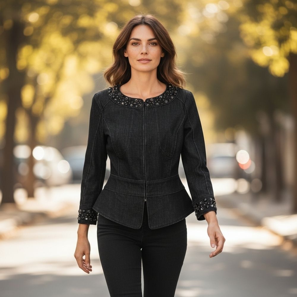 NEW Lafayette New York 148 Gemstone Studded Peplum Denim Jacket in Black Size 4
